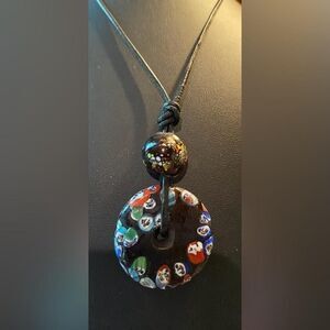 Multicolor Glass Pendant Necklace Black Cord Round Art Boho Statement Jewelry